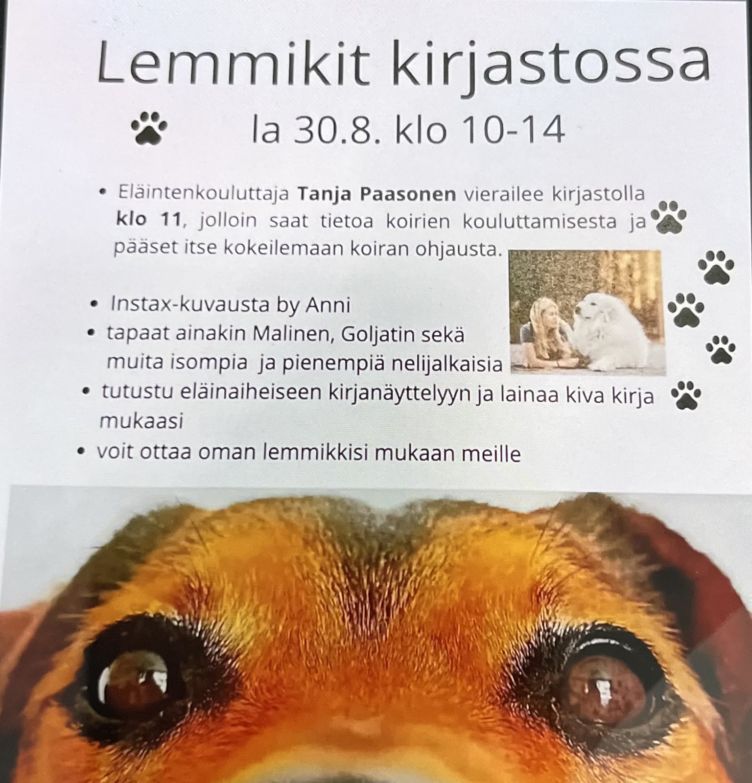 Eläintenkouluttaja Tanja Paasonen luennoi klo 11. -